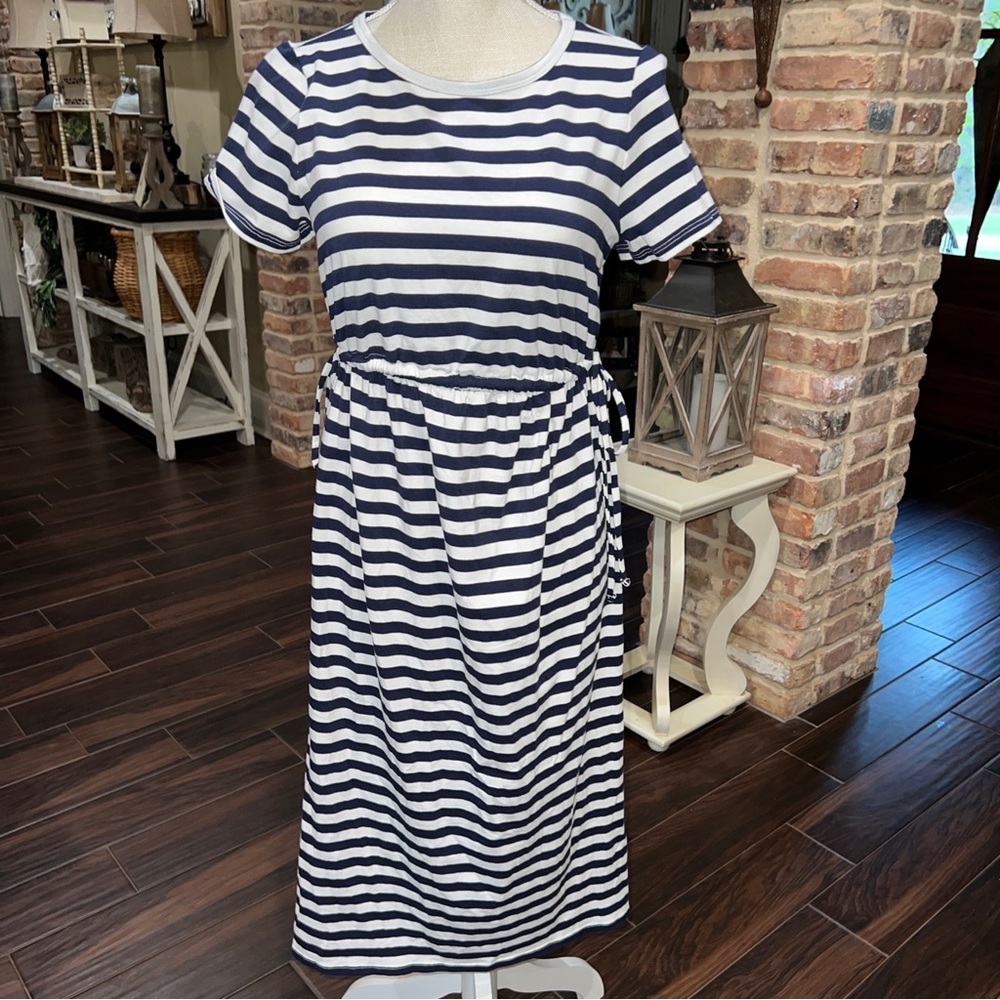 Women’s Size XS Isabel Maternity Short Sleeve Tie-Waist Dress, Navy Blue Striped